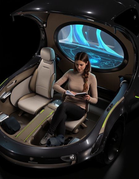 Art by Andrian Luchian. A photo-realistic rendering from a bird's-eye view about a futuristic car interior with a woman sitting in the driver's seat, reading a book. the image also shows a woman with long brown hair, wearing a beige sweater and black pants, seated in the middle of the image, looking down at her tablet. she appears to be in her mid-twenties, with a slim body and a relaxed expression. the car has a sleek, modern design with a black exterior and a large, circular window that allows a blue flame to be seen. the interior of the car is luxurious, with beige leather seats and a green stripe running along the center console. the woman is holding a tablet in her hands, and her hair is styled in a long, loose braid. the lighting is dim, creating a moody atmosphere, and the overall design is minimalistic with a focus on technology and design.