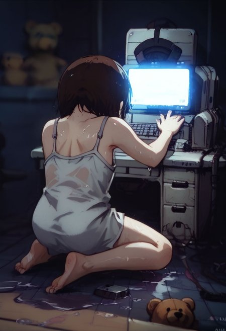 score_9, score_8_up, score_7_up, score_6, source_anime, lain, kneeling, chibi, white camisole, lying back on chair, watching computer screen, computer screen displaying lain, dark computer room, watercooling systems, computer screens, computer room, computers, computer cables, networl cableslain's bedroom, ((low light, pitch dark)), dark night, dark ambiance, (((puddles, wet floor))), night, teddy bears background