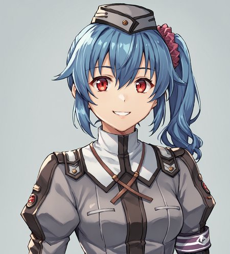 score_9, score_8_up, score_7_up, score_6_up, score_5_up, score_4_up, BREAK source_anime,
<lora:TrailsOfColdSteel-Erebonians:0.9>, clairermp,  blue hair, side ponytail, scrunchie, red eyes, medium breasts,  garrison cap, grey headwear, grey military uniform, grey pants, purple belt, brown boots,
miyuki_\(miyuki0529\),
looking at viewer, happy, smile,  upper body, portrait,
simple background,