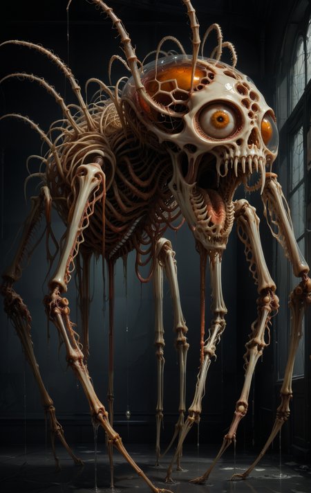 score_9, score_8_up, score_7_up, score_6_up, SV,
highly detailed CGI artwork, grotesque spider-like creature, dark industrial setting,
elongated segmented body, bulbous honeycomb-like structures, skeletal insectoid appearance,
pale off-white translucent skin, revealing hollow structure beneath,
elongated head, gaping mouth with sharp jagged teeth, large black pupil-less eyes,
eight long spindly legs, sharp clawed feet, bony textured limbs, part organic part mechanical,
dripping viscous slime, hanging strings of ooze, eerie grotesque atmosphere.