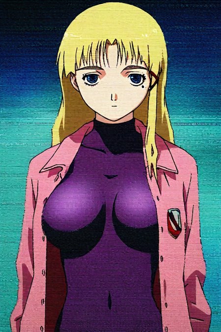 <lora:Miu_Furinji-000006:0.7> , miu, fuurinji miu,  blonde hair, long hair, blue eyes, mole under right eyes, slim waist, large breast, pink jacket, purple bodysuit, hairclip, 1girl, solo, alone,  <lora:serial_experiment_lain_style_illustriousXL:0.8>, serial_experiment_lain_style, scanlines, masterpiece, highres