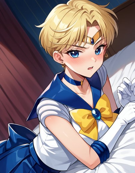 score_9, score_8_up, score_7_up, source_anime,
sailoruranus, <lora:sailor-uranus-ponyxl-lora-nochekaiser:1>
sailor uranus, blonde hair, blue eyes, parted bangs, short hair, very short hair,
back bow, blue bow, blue choker, blue gemstone, blue sailor collar, blue skirt, bow, bowtie, choker, circlet, earrings, elbow gloves, gem, gloves, jewelry, miniskirt, pleated skirt, sailor collar, shirt, short sleeves, skirt, white gloves, white shirt, yellow bow, yellow bowtie,
indoors, bed, bed room, on side, blush, drunk,
looking at viewer, cowboy shot, dutch angle,
