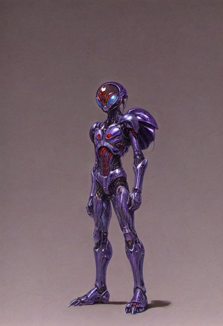 a realistic, detailed full-body 3D model of a slim humanoid bug hero inspired by classic Kamen Rider. The character resembles a human fly, with large, textured red compound eyes and black antennae that curve backward, giving a sense of motion. His chest armor is a vibrant purple, segmented to emphasize musculature, with black accents. Angular purple shoulder plates add a heroic silhouette. He wears a utility belt with a central buckle featuring a red gem. The arms and legs are covered in purple and black segmented armor for an exoskeletal look, with knee guards and forearm plates. head to toe, concept art by syd mead, retro futuristic, flat colors Comic panel illustration, akira style, Character Design page, alienzkin