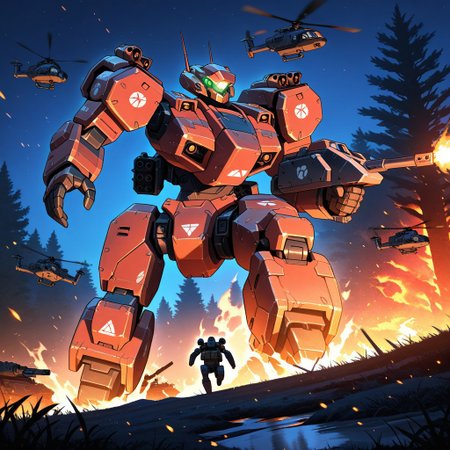 night-time, forest setting, city line in the distance, burning trees, small soldiers, masterpiece, best quality, amazing quality,  detailed background, embers, raging fires, mecha, mechwarrior style, Angular head, humanoid arms, heavily armored body, well proportioned body, smooth metal, holding a tank in its hand, crushing tank in its hand, mono eye, glowing Green eye, Red colored mech, front view, silhouette of mech, looming large, illuminated by fire, heavily armored humanoid legs, shoulder mounted missile pods on the mechs shoulders, large booster pack, wide legs, leg boosters, Detailed hands, Wrecked vehicles, destroyed tanks, helicopters flying in the air, mech focus, running while firing, artillery tanks firing overhead, aerial explosions, smaller soldiers running below the mech