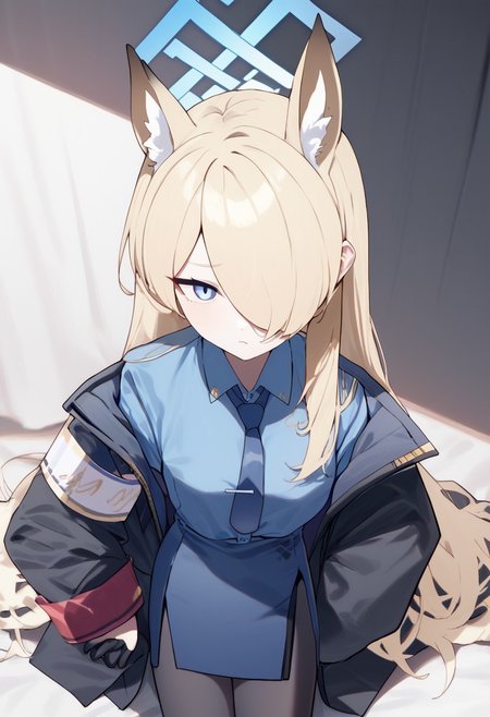 kosubi, score_9, score_8_up, digital media, solo,1girl, silk clothing, reflective clothing, shiny clothing, kanna (blue archive), animal ears, blonde hair, animal ear fluff, halo, hair over one eye, long hair, blue eyes, extra ears, dog ears, black gloves, black jacket, long sleeves, blue shirt, collared shirt, open jacket, blue necktie, armband, black pantyhose, blue skirt, tie clip