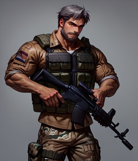 score_9, score_8_up, realistic, rating_questionable, bif, facial hair, beard, 
<lora:clothes_military-combat-uniform-ponyxl-lora-nochekaiser:.7> military combat uniform, camouflage jacket, camouflage, load bearing best, camouflage pants, soldier, bulletproof vest, combat helmet, assault rifle, rifle,
<lora:face_Adray_Lasbard:1>, AdrayLasbard, mature male, grey hair, short hair, red eyes, facial hair, mustache, muscular, arm tattoos, 
glossy skin, 1 muscular male, handsome, short hair, detailed background, bara,, mature,
<lora:egg_leonard-04:.4><lora:style_Concept Art DarkSide Style LoRA_Pony XL v6:1><lora:slider_skin tone slider_last:-1>,<lora:slider_Body Type_alpha1.0_rank4_noxattn_last:1>