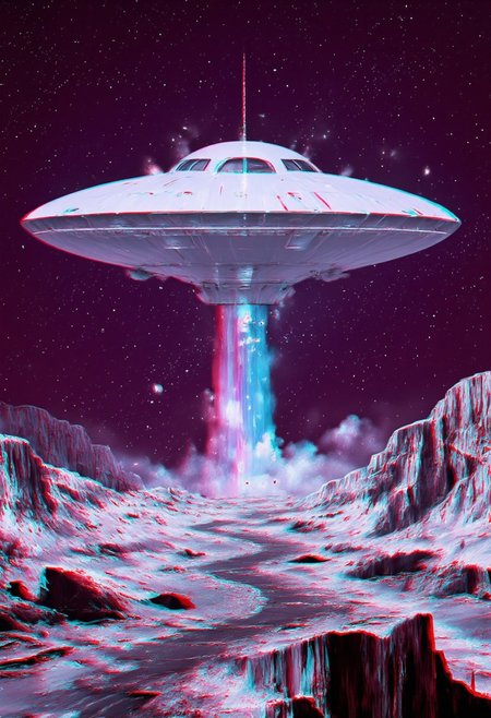 An expansive, surreal landscape stretching endlessly in a distorted fisheye perspective, bathed in washed-out neon and overexposed anaglyph hues. At the center looms a colossal, ghostly UFO, its sleek, metallic surface shimmering with eerie luminescence. The UFO’s circular core glows ominously, pulling in fragments of reality like gravitational singularities. The surrounding terrain glitches and fractures as if the very fabric of existence is unraveling—vibrant chromatic aberrations bleed through the scene, while flickering white burns and ghostly light leaks pulse with chaotic energy. Jagged mountains, twisted forests, and crumbling ruins warp toward the UFO, drawn in by its inescapable pull, their edges dissolving into shimmering pixelated fragments. The sky is a turbulent canvas of bleeding reds, electric blues, and glitching violet hues, as distant black holes bend the light around them, distorting the horizon into a dreamlike, broken reflection of a crumbling digital reality.