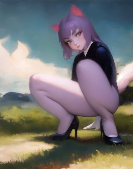 beautiful, masterpiece, best quality, masunya, cat ears,  (purple skin color:1.1),  outdoors, squatting, legs spread, , fisheye,<lora:my_LoRA_masunya_v3:0.8> by Jeremy Lipking, by William Bouguereau, (by Alphonse Mucha:0.5),,  stiletto heels, thighs, <lora:my_LoRA_stilettoHeels_v1:0.6>