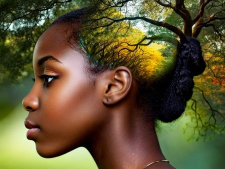 free flowing, high definition, color theory, stunning, sharp focus, close up of head,  side portrait of a black girl,  double exposure, trees, amora-style <lora:antonio-mora-style:1>