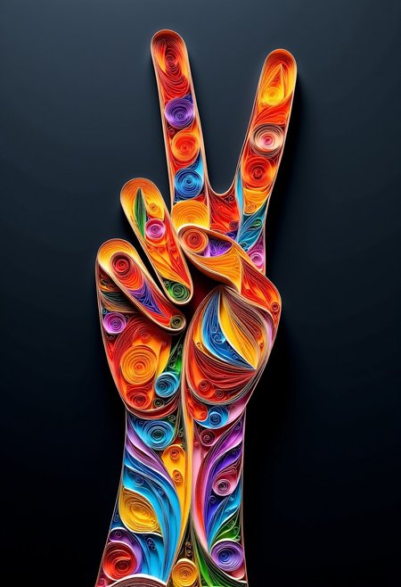 paper quilling artwork, a Hand Shows the peace Symbol, Layered Paper, dark background