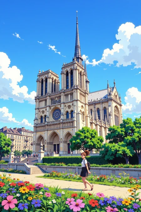 Notre Dame Cathedral beautiful  anime landscape, bright sunny sky, woman, very intricate, very detailed, sharp, bright, colorful, <lora:Hand v2:0.5> <lora:Anti-Blur:1><lora:Insane Detail Slider:0.25>  <lora:flux.1_lora_flyway_Epic-detail_v2:0.3> <lora:fluxenhancer:0.25> <lora:ROWER:0.6>   <lora:J_Anime:0.6> j_art