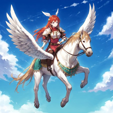 score_9,score_8_up,score_7_up,extreme detailed,full_body,zPDXL BREAK sky,flying,
<lora:Pony_DetailV2.0:1>,pegasus knight,horse,horseback riding,pegasus,riding,wings,<lora:pegasus knight:0.8>,long hair,shoulder armor,breastplate,pegasus knight uniform \(fire emblem\),smile,closed mouth,