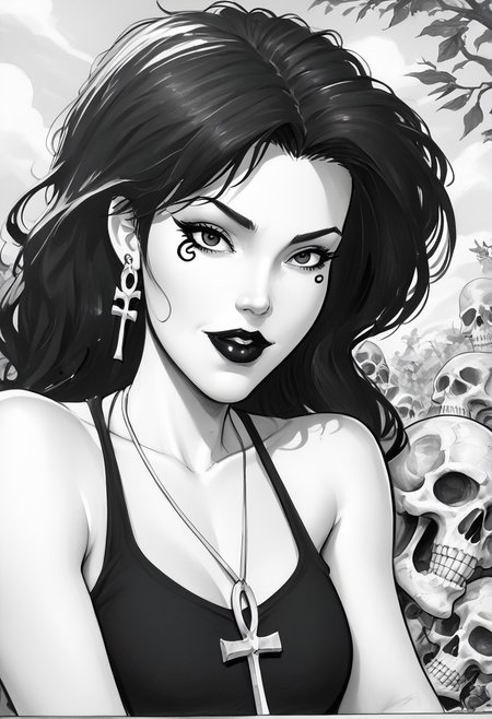 dsk_death, 1girl, earrings, jewelry, necklace, ankh necklace, monochrome, traditional media, sketch, black lips, cross earrings, long hair, lipstick, makeup, skull, looking at viewer, comic art style, death_of_the_endless\(sandman\), greyscale, monochrome, cinematic angle, cinematic lighting, BREAK zPDXL2 PonyXLV6_Scores