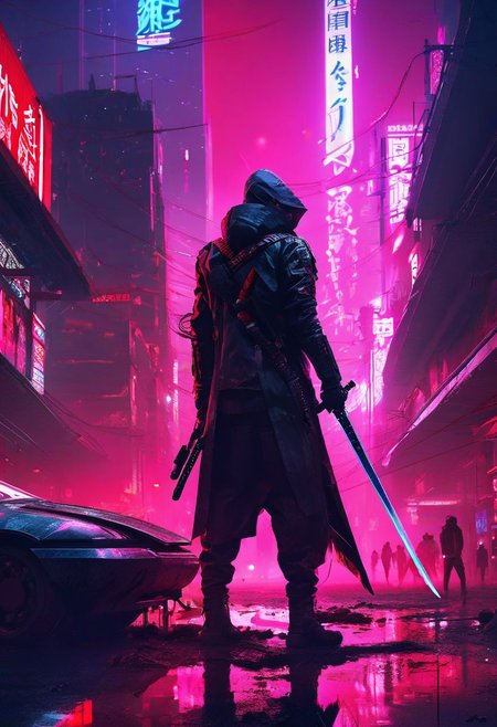 1man, katana, neon city, futuristic setting, badass, corpses and blood on the ground, epic, ((cyberpunk)), cataclysmic, absurdres, best quality, digital art style
