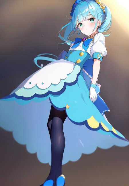 ((masterpiece, best quality)),
1 girl,standing ,full body,
cure-Spicy,small_breasts,(blue hair,)multicolored hair,((Right side ponytail,side ponytail,))
blue legwear,dress,gloves,((navy blue pantyhose)), puffy sleeves,white gloves,navy blue footwear,brooch,jewelry,bangs,frills,flower,((blue skirt,long skirt,))high heels,jewelry,
<lora:Cure-Spicy_v2:0.6:ALL1>