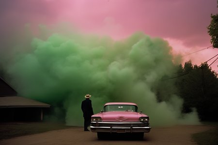 cinematic photo An award-winning photograph that captures the intrigue of a secretive and enchanting conspiracy, enveloped in a cinematic and mysterious aura,green:1.2, God rays, A thick plume of smoke emanating from behind. The composition skillfully draws, hidden truths, enigmatic whispers,  intrigue beneath the surface, (Intriguing Narrative:1.3), (Enigmatic Conspiracy:1.2), (Cinematic Allure:1.4), (Mysterious Atmosphere:1.2), photography inspired by Gregory Crewdson and David Lynch,  Masterpiece, best quality, (style of farts:1.2), pink background, (masterpiece,best quality:1.5) . 35mm photograph, film, bokeh, professional, 4k, highly detailed