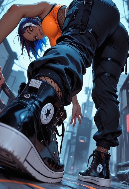 highres, very detailed, amazing quality, masterpiece,
very aesthetic,
particle effect,
1girl, yoruichi, large breasts, curvy, short hair, streaked hair, blue hair, white hair, orange crop top, fishnets underneath clothing, black baggy pants, converse shoes, 
big shoes, shoes focus, foot on ground, crouched down, 
Close up, ants eye view, from below, depth of field, ray_tracing, cowboy shot, extreme foreshortening, very aesthetic, cinematic, vibrant colors,