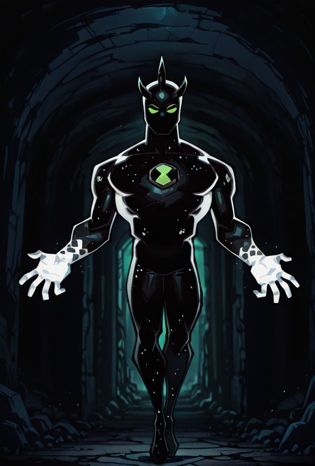 <lora:alienx-09:1> alienx, 1boy, green eyes, horns, matte black skin, full body, dynamic pose, white hands, wide face, white spots on body,   <lora:sakfsdajfkasd:1> alpharecdyt, inside black cave, black rocks, white crystals,, masterpiece, best quality, amazing quality, very aesthetic, absurdres, newest,