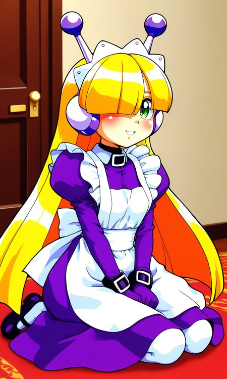 general,highres, ultra-detailed,very aesthetic,best quality ,best hands, BREAK <lora:Tesse_Lombrozo_WakuWaku7_Ver2.1_IS:1>
Tesse_Lombrozo, 1girl, solo, very long hair, blonde hair, bangs, robot ears, maid headdress, small breasts, 
green eye, hair over one eye, 
maid, purple dress, long sleeves, puffy sleeves, white apron, maid apron, juliet sleeves, white thighhighs, purple gloves,  
sitting, v arms, parted lips, smile, blush, seiza,
room, flooring,