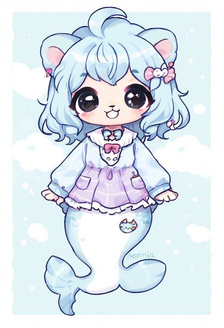 cute, solo, score_9, score_8_up, full body, digital art, highly detailed, full body, smile face, looking at viewer, standing to viewer, full view, merlion merli, merlion, fish tail, simple pure black eyes