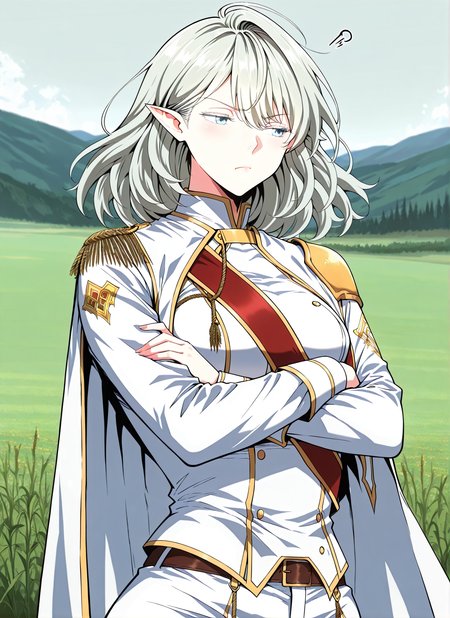 <lora:Alea_Triscan__The_Beginning_After_the_End__Illustrious:1>
1 girl, solo, elf, pointy ears, light blue eyes, grey hair, medium hair, hair behind ear, hair between eyes,ahoge,  military uniform, white cape, epaulettes, jewelry, white pants, long sleeves, belt, white jacket, red sash
score_9, score_8_up, score_7_up, very aesthetic, source_anime, detailed, high quality, beautiful, masterpiece, detailed eyes, field, blurry background, pose dynamic angle, upper body, cowboy shot, floating hair, half-closed eyes, arms crossed, looking to the side, pouting, sulking, <lora:iLLMythG0thicL1nes:1>