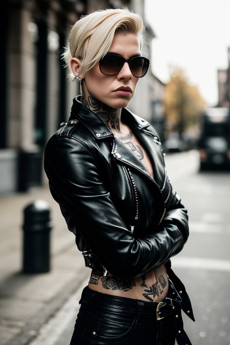 up angle from waist up, portrait photo showing a female biker on a street, leather jacket, tattoos and piercings. Contrasting light from one side. Side cut hair. Blonde hair. (posing:1.3),  she says "Fuck you!", aggressive outlook, dangerous lady.