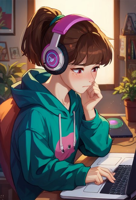 Ugly score_9, score_8_up, score_7_up,  source_anime, 1girl, laptop, chair, bedroom,  perfect face,
 <lora:LoFi_Girl_PonyXL_AutMix:0.55>  LoFi_Girl_Pony, ponytail, brown hair, headphones, hoodie,