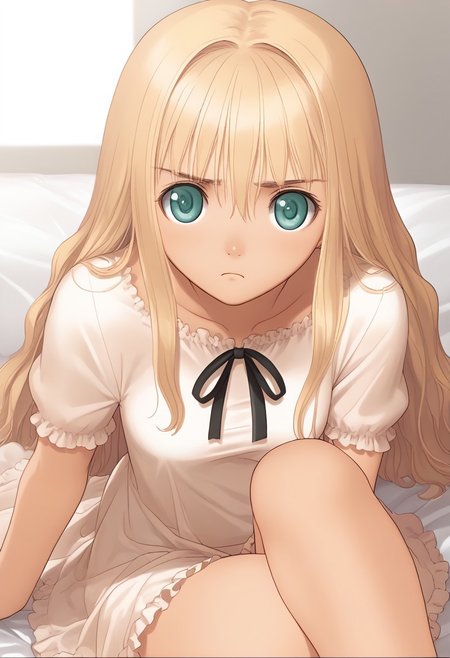 hortensia,score_9,score_8_up,score_7_up,source_anime,best_quality,masterpiece,super_fine_illustration,8k,1girl, adorable girl, solo, blonde hair, white dress, ((pov)), (((caress foot))), (trembling), ((white slim motion lines:0.4)), closed mouth, frown:1.1, (curvy mouth),