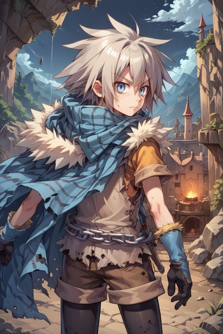 (score_9, score_8_up, score_7_up, score_6_up), source anime, BREAK, solo, <lora:Milanor:0.75> , miladef, 1boy, grey hair, spiked hair, blue eyes, fur trim, (blue cloak), gloves, cowboy shot, black leggings, chain belt,  exterior, outdoors, dark sky, night, canyon, mountains, castle, fortress, standing, closed mouth, injured, hurt, (from behind),  <lora:zy_Detailed_Backgrounds_v1:0.5> , detailed background, highly detailed,   <lora:backgroundsetXL:0.4> , background, looking at viewer,  <lora:cr33pXLP:0.5> , cr33p,