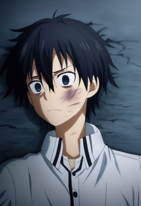 high resolution, professional photography, solo, best quality, 1Boy, Kazuto Kirigaya, Black Hair, Black Eyes, lying down, conquered, hurt, dying, battered, blank stare, bruised, OverallDetail