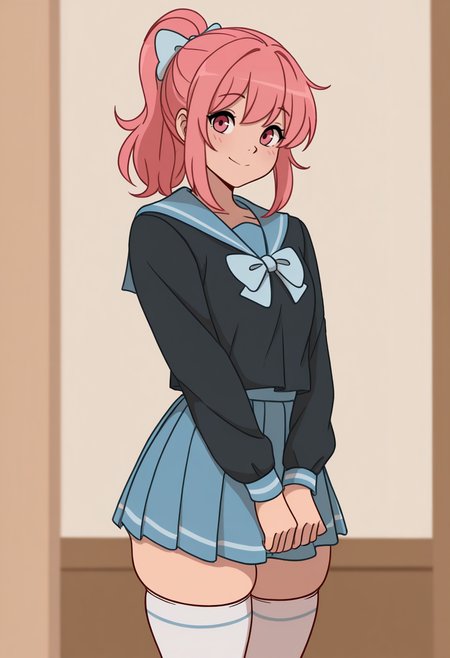 masterpiece, best quality,
 <lora:Inusen:1> 1n0s3n,  1girl, solo,standing,looking at viewer, happy, closed mouth,pink hair, ponytail, pink eyes,school uniform, bow, long sleeves, skirt, skindentation, thighhighs,