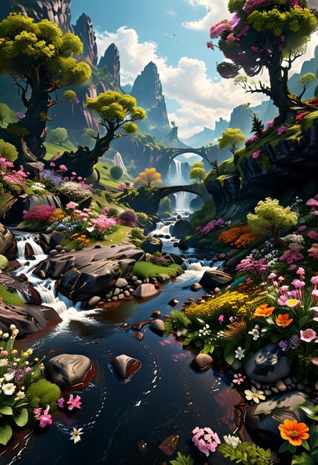 Landscape of a dark distant planet, rocks and organic soil, intricate trees, a fast flowing stream with flowers on the banks, UHD, masterpiece, trending on artstation, sharp focus, studio photo, intricate details, highly detailed, by greg rutkowski<lora:xl_more_art-full_v1:0.5>