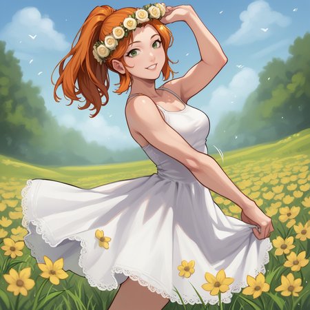 score_9, score_8_up, score_7_up, score_6_up, score_5_up, score_4_up, zPDXL2,source_anime,rating_questionable,  <lora:Robin_SDV_-_V2:0.8> Robin_SDV,1girl, solo, outdoors, green eyes, orange hair, ponytail, white dress, lace dress,colorful flowers, flower crown, grass field, looking at viewer, smile, dancing, motion,  motion lines, day, sunny, blue sky