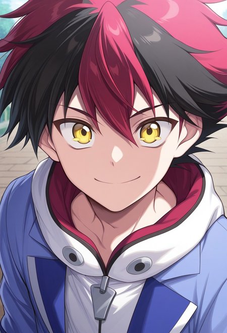 masterpiece,best quality,amazing quality, source_anime,
hiroryuga, 1boy, male focus, solo, yellow eyes, multicolored hair, red hair, black hair, hoodie, white hoodie, hood, jacket, blue jacket, open jacket, smile, outdoor, portrait,