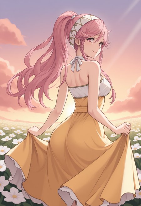 masterpiece, best quality, from behind, solo, 1girl, oliv1a, smile, looking back, skirt hold, long hair, pink hair, side braid, twin braids, ponytail, white hairband, pink eyes, yellow sundress, bare shoulders, outdoors, sunset, cloud, flower field, sunlight
<segment:yolo-face_yolov8m.pt,0.4,0.5//cid=1>