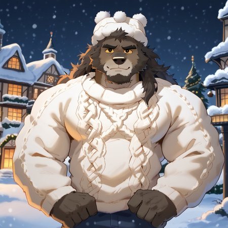 score_9, score_8_up, score_7_up, MrWolfPXL, Yasser, Bara, Muscular Male , Solo, winter, bedroom, (((Beard, facial hair, sideburns))), ((closed mouth)), By overcyan, sweater, village background, (((messy hair, long hair))), knitted hat, look at viewer, (((masculine, manly))), slight smirk