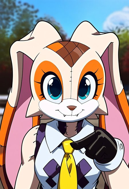 score_9, score_8_up, score_7_up,1 male,upper body, close up, pointing at viewer
   , masterpiece, beautiful,solo, 1male, Ultideadpool,
AliceSoulCream, 1girl, animal ears, w rabbit ears, furry, rabbit girl, furry female, stitches, animal nose, large, expressive creepy white eyes, patchwork design on face, elongated ears, cream the rabbit, plush toy, doll, stitched-up face, stylized cartoon creature, stitched appearance, wide unsettling smile, washed up colors, sitched mouth, large stitched eyes, doll-like appearance with a mix of pink and cream colors
,  red-and-black tactical suit, skintight, black padding on shoulders,black gloves,muscular build,  standing, battle pose, outdoor,