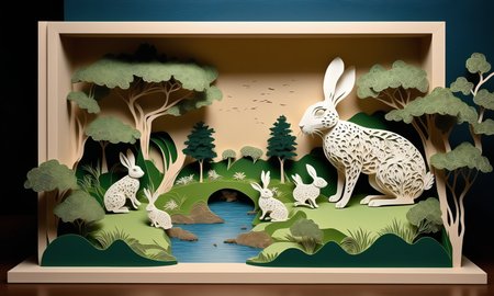 3D papercut shadow box of <lora:papercarvingcd_xl-000005:0.6>,a handmade sculpture of a hare made of papercarvingcd_xl in office scene,full body,scenery,tree,river,stone,lawn,miniature,tilt-shift,indoors,chinese zodiac,wooden table,cutie,cute,still life,animal statue,front view,facing viewer,looking at viewer,8K,HDR,UHD,masterpiece,best quality,highly detailed,high resolution,finely detail,extremely detailed,ultra detailed,wallpaper . Layered, dimensional, depth, silhouette, shadow, papercut, handmade, high contrast