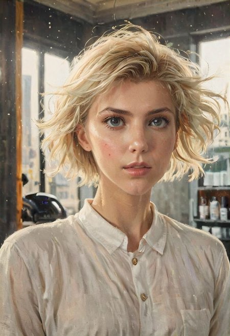 ((a beautiful woman in a Hair Salon, Khaki and white color Palette, urban city  window view)), 
bust shot, close-up lips, 
modern interior design, cyberpunk, 
Recliner|Dressing table|Table lamp|Screen|Monitor|Signboard_Details,
Metal|Glass|Leather|Textiles|Carpet|Pillow_Texture,
perfect blonde hair, 
(modern photo, fashion dress up:1.1), 24mm, (analog, cinematic, film grain, hazy atmosphere, detailed eyes, (seductive), (epicPhoto), (looking at viewer), (cinematic shot:1.3),
ac_neg1, great lighting, extremely detailed, happy, Hair Salon, impressionist painting, zoya