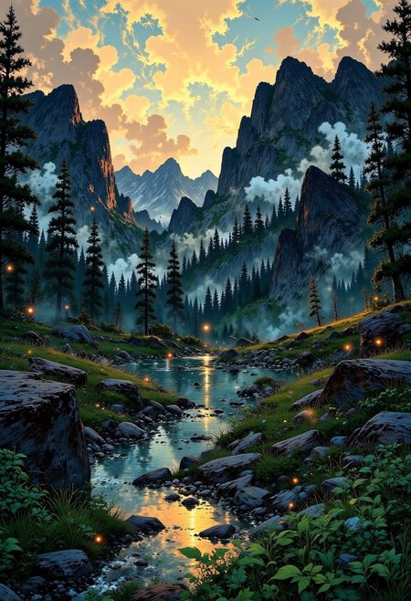 Yosemite Valley – Majestic Cliffs & Misty Waterfalls
"A stunning view of Yosemite Valley, where towering granite cliffs rise dramatically above a lush, forested valley floor. A misty waterfall cascades down the rock face, disappearing into a meandering river below. The golden light of the setting sun bathes the landscape in warm hues, while wisps of fog drift through the dense evergreens."