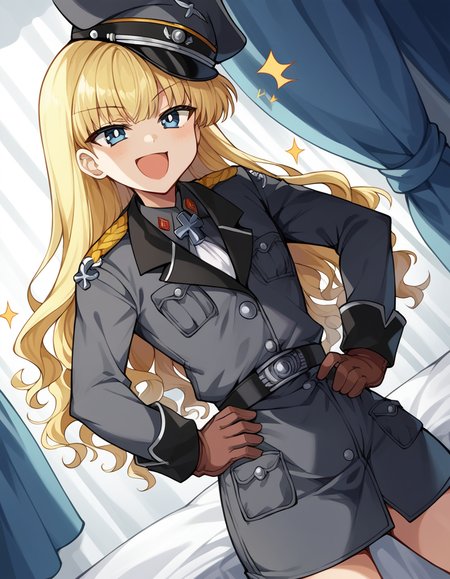 score_9, score_8_up, score_7_up, source_anime, <lora:retia-adolf-ponyxl-lora-nochekaiser:1>, retia adolf, blue eyes, blonde hair, wavy hair, bangs,, gloves, hat, military uniform, peaked cap, zettai ryouiki,, bedroom, alarm clock, morning routine, yawning, stretching, on bed,, smile, , smug, hands on hips,, solo,, cowboy shot, dutch angle