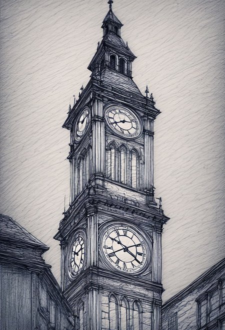 novuschroma42 style ballpoint pen drawing, a high town hall clock tower in the middle of a small city and two smaller towers on each side, renaissance period, best quality