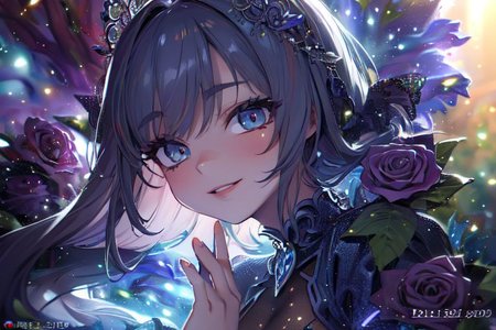 (masterpiece:1.4), 4K8K, (anime style), (high shutterspeed:1.4), (sharp edges), 
SyFyEye1, FanFo, 
1woman  hands togather,  leaning foward, face focus, smile, closed mouth, 
wearing Celtic style dress, (Detailed face, Detailed eyes, Detailed lips), (solo), 
any colored roses, Fantastic Forest at fantasy night,