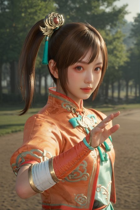 score_9, score_8_up, score_7_up, masterpiece, dynamic pose, <lora:Xiaoqiao_Dynasty_Warriors:0.8> 1girl, solo, brown hair, side ponytail, brown eyes, chinese clothes, hair ornament, outdoors, half body shot, looking at viewer
