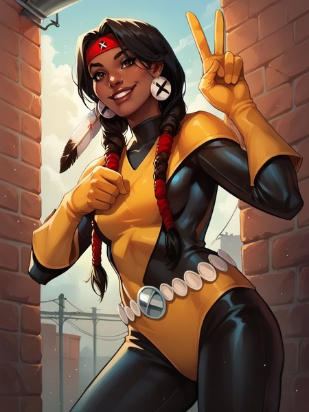 score_9, score_8_up, score_7_up, 1girl, leaning forward, sexy, dynamic pose, smile, cute pose, solo, detailed background, looking at viewer, wide shot, cowboy shot, (v:1.1), brick wall, industrial pipe, smoke around, from below,
 <lora:DaniMoonstar_character:1>, DaniMoonstar, black hair, dark skin, brown eyes, makeup, twin braids, native american, black legwear, yellow gloves, jewelry belt, earrings, red headband, yellow shoulders,