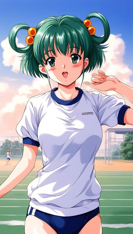 score_9, score_8_up, score_7_up, source_anime, rating_explicit, BREAK  <lora:Tatebayashi_Miharu_XL:1> TatebayashiMiharu, hair rings, hair ornament, Yellow bobbles, green hair, bangs, short hair, green eyes, medium breasts,  1990s (style), 
dark blue buruma, blush, white gym uniform, open mouth, cowboy Shot,
open mouth,
looking at viewer, 
outdoor, day, sky,