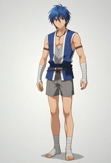 ((masterpiece)), ((best quality)), ((ultra-detailed)), ((absurdres)), score_9_up, score_8_up, score_7_up,
HD, top quality, best quality, amazing quality, High-quality illustrations, anime screencap, source_anime, best aesthetic, perfect proportions, perfect eyes, 1boy, 1male, solo boy, solo male, male focus, solo male focus, Anime, boy, male anime character, anime boy, handsome, attractive, cute, charming, sexy, hot, ((tall, tall height, tall body)), ((slim body, slim body), ((full body shot, head to feet shot)), Gear, blue hair, blue eyes, blue kimono, sleeveless outfit, low neckline, necklace, arm bandages, gray shorts, leg and foot bandages