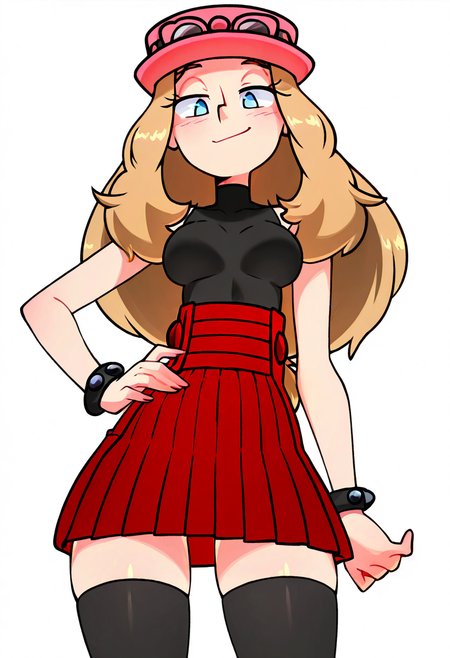 (masterpiece, best quality, good quality, very aesthetic, absurdres, newest:1.2),    1girl, solo, beautiful eyes, zzSerena, solo, long hair, blue eyes, eyewear on headwear, pink headwear, eyelashes, sleeveless shirt, black shirt, bracelet, high-waist skirt, red skirt, black thighhighs,  <lora:SerenaPokemon_NAI:1.0>,   <lora:TobiaswhellerNAI:1.0>, cowboy shot, hand on hip, smug, smile, looking at viewer, shiny skin,
