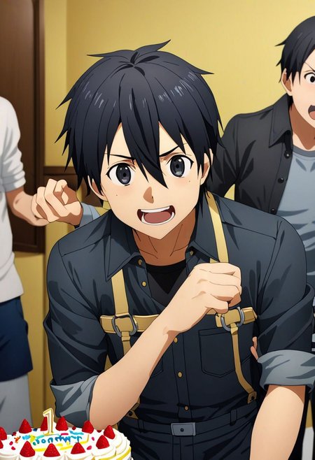 high resolution, professional photography, best quality, 1Boy, Kirigaya Kazuto, Black Hair, Black Eyes, overalldetail, surprise, birthday surprise, funny, birthday cake, birthday party