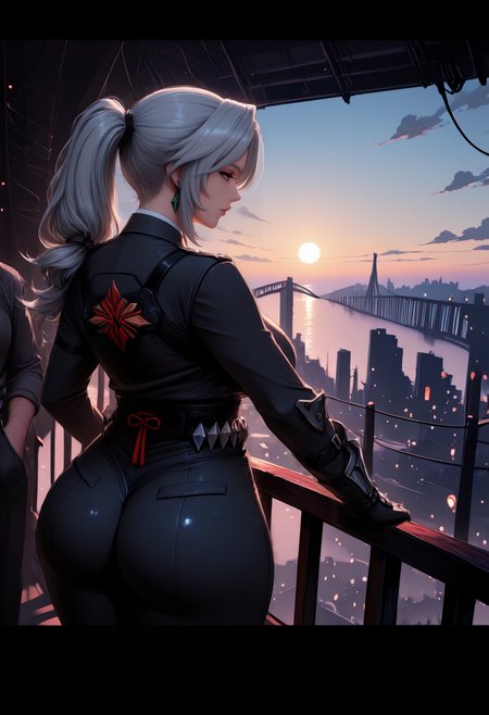 <lora:NOOB_vp1_detailer_by_volnovik_v1:1> <lora:TrendCraft_The_Peoples_Style_Detailer-v1.0A-3_13_2025-NoobVPRED:1> masterpiece, best quality, newest, absurdres, highres,detailed_background,indoors,nessatweneboah,cloud,shirt,yellow necktie,facing away,purple eyes,arm strap,harness,bridge,large breasts,highres,sky,couple,from behind,pants,black pants,black hair,building,1girl,outdoors,tight clothes,twilight,gloves,railing,zenless zone zero,multiple girls,long ribbon,black gloves,necktie,mole under eye,long sleeves,animal,water,earrings,jewelry,mole
